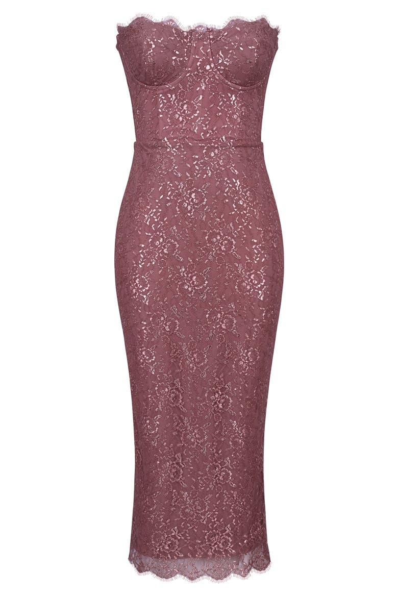 Alexia Metallic Lace Strapless Midi Dress, Alternate, color, ROSE PINK