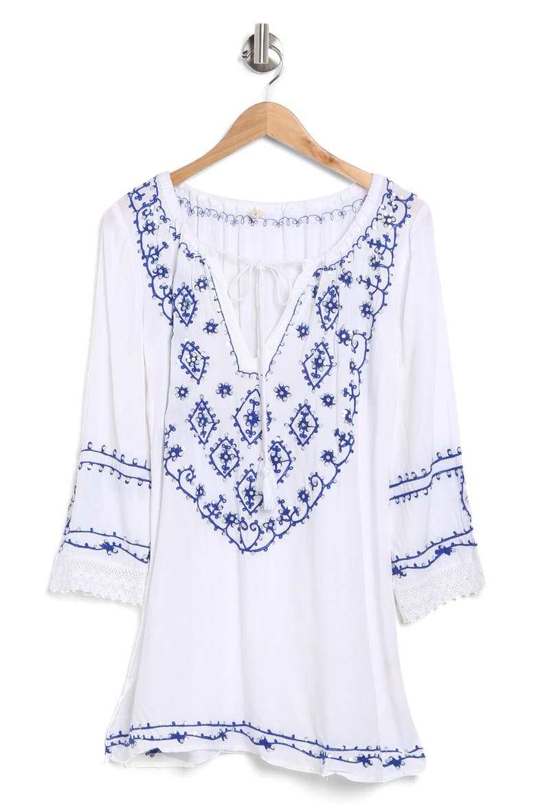 Embroidered Sequin Cover-Up Tunic, Alternate, color, WHITE
