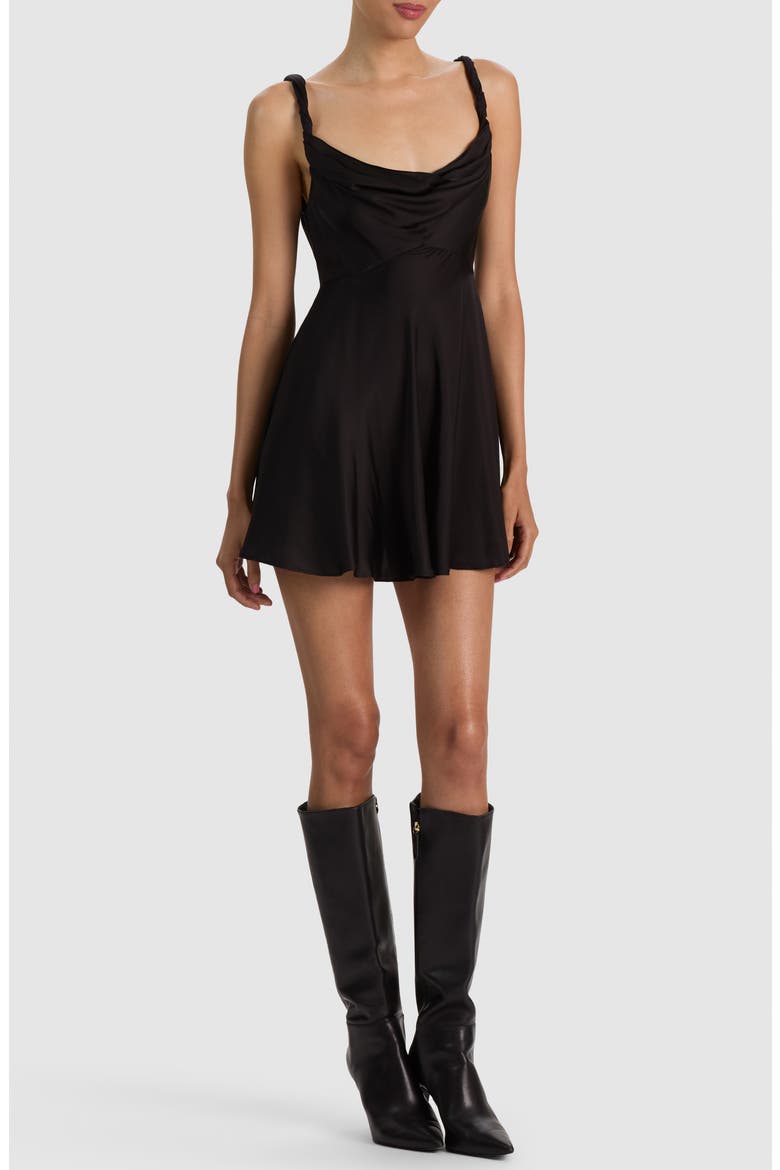 Monique Cowl Neck Twist Strap Satin Minidress, Alternate, color, BLACK