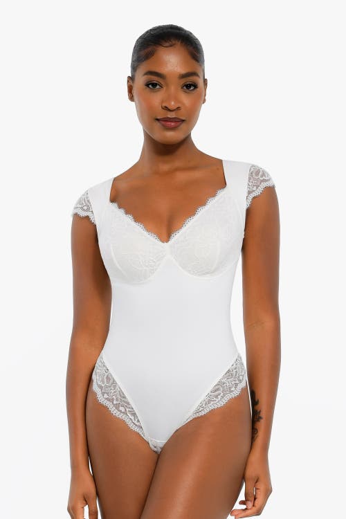 Popilush Shapewear Cap Sleeve Slimming Lace Cup Bodysuit In White