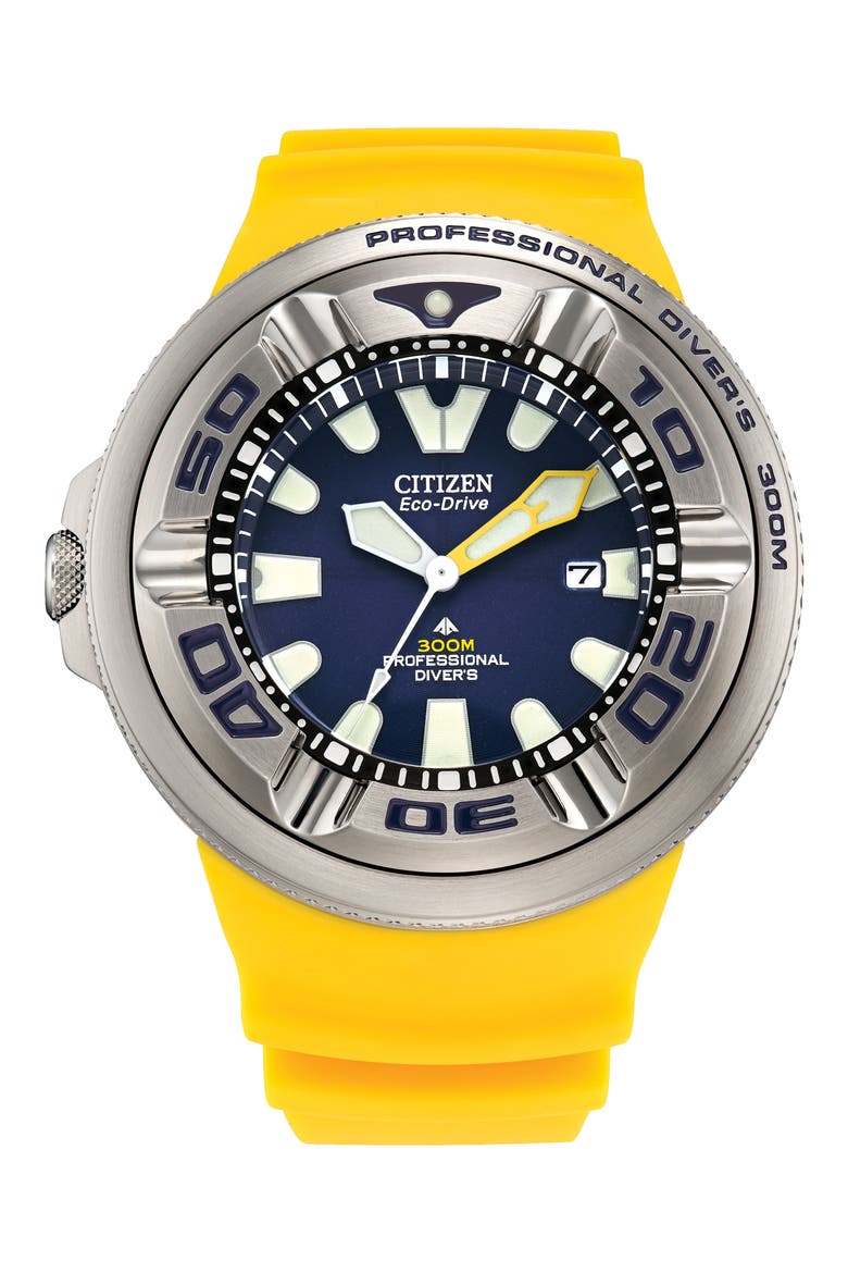 Promaster Dive Ecozilla Polyurethane Strap Watch, 48mm, Main, color, NAVY/ YELLOW