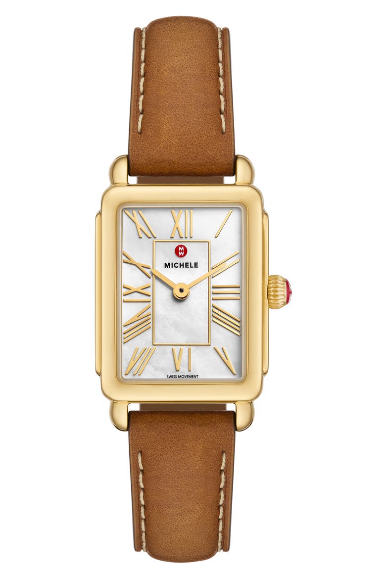 Deco Park Mother-of-Pearl Leather Strap Watch, 23mm x 29mm, Main, color, BROWN / GOLD