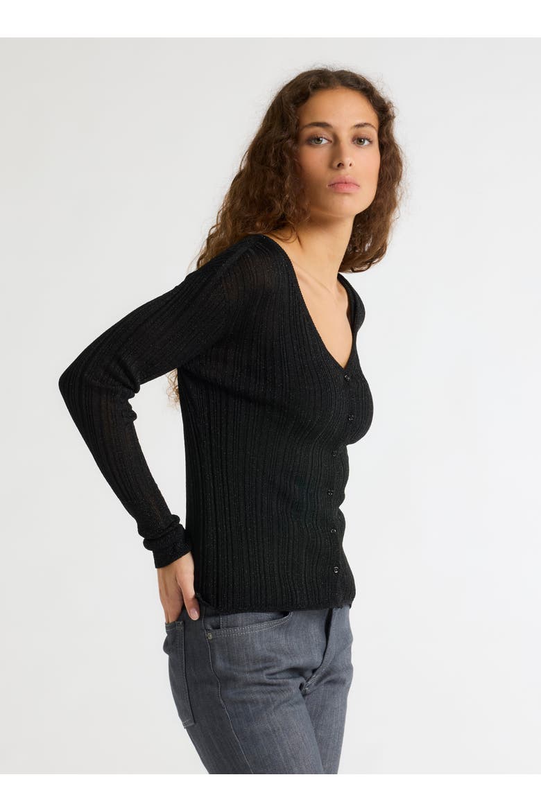 Novelty Metallic Rib V-Neck Cardigan, Alternate, color, METAL BLACK