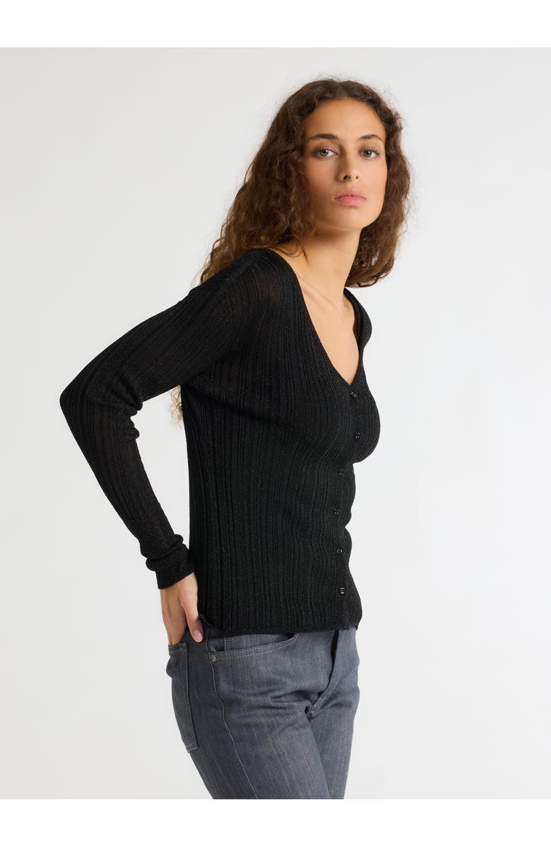 Majestic Filatures Novelty Metallic Rib V-Neck Cardigan, Alternate, color, Metal Black