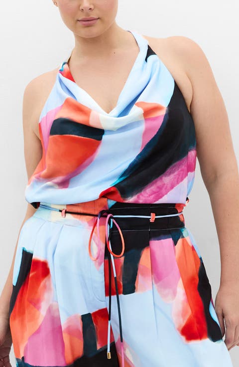 Chloe Abstract Print Cowl Neck Sleeveless Top (Plus)