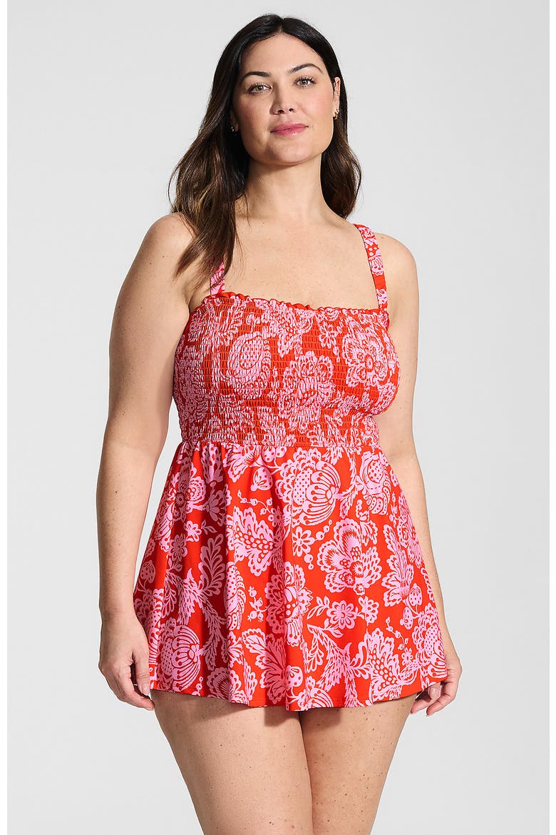 Womens Square Neck Smocked Mini Swim Dress, Main, color, Radiant Orange Floral Medley