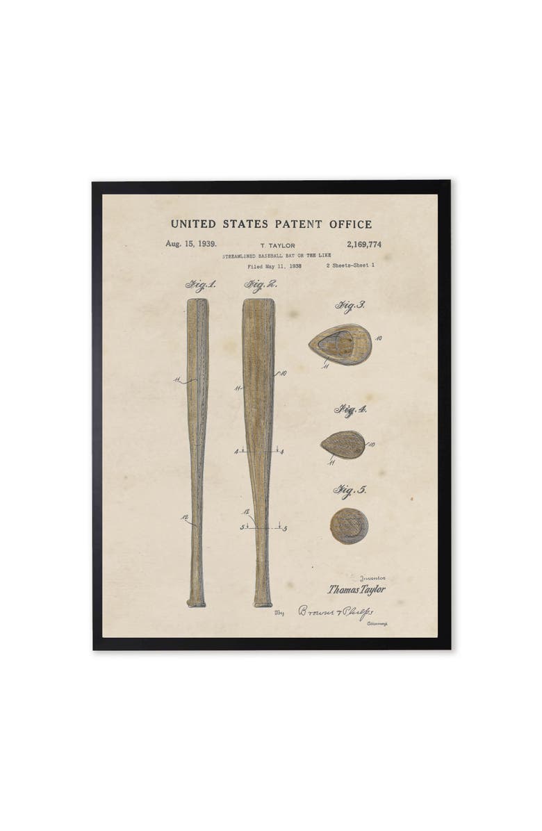 Antique Curiosities Baseball Bat Patent in Black Frame, Main, color, Multi