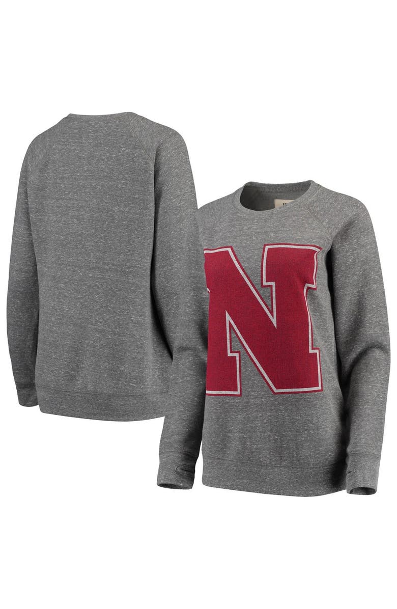 PRESSBOX Women's Pressbox Heathered Gray Nebraska Huskers Big Team Logo Knobi Fleece Tri-Blend Crew Neck Sweatshirt, Main, color, 