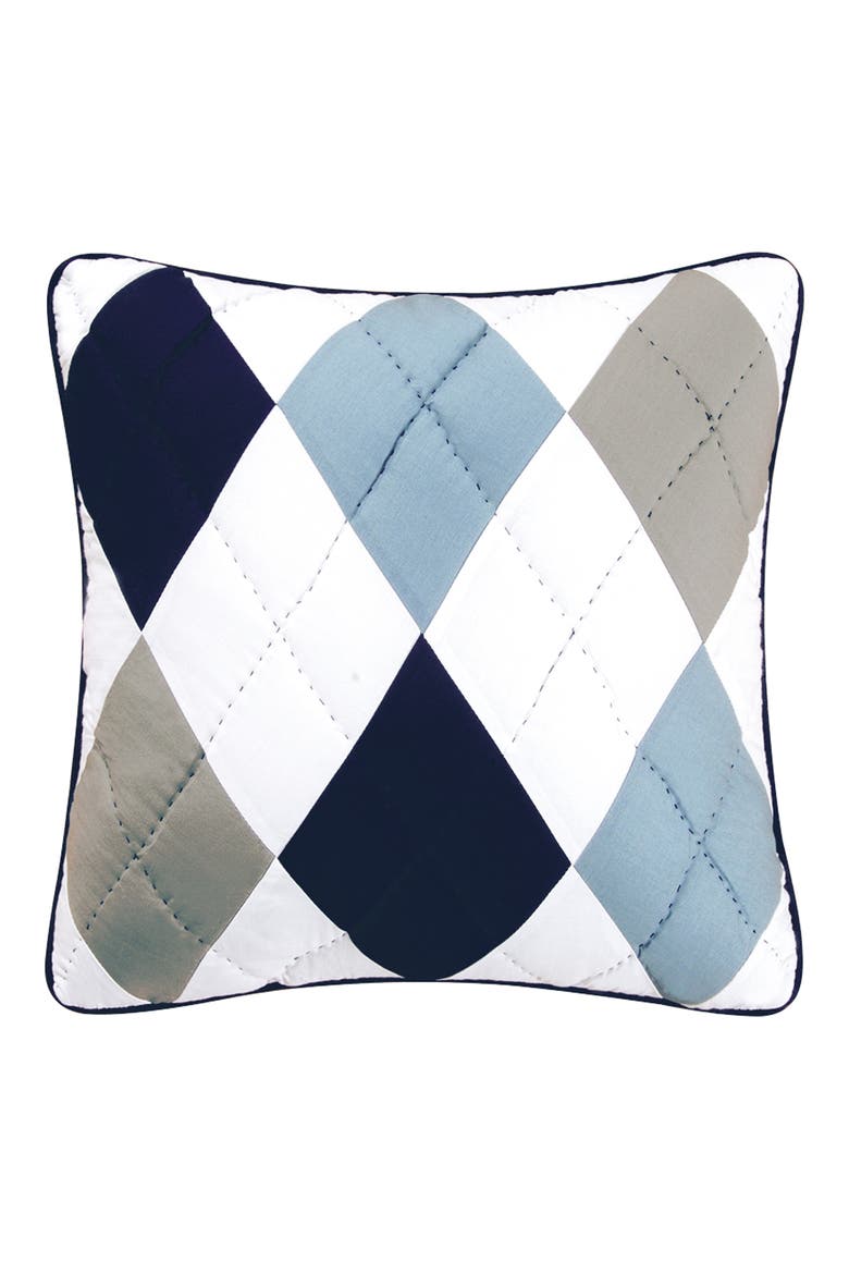 Argyle Blue Patchwork Diamonds Cotton Blend Quilted Accent Throw Pillow 18" x 18", Main, color, Blue