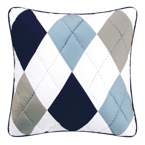 Argyle Blue Patchwork Diamonds Cotton Blend Quilted Accent Throw Pillow 18" x 18"