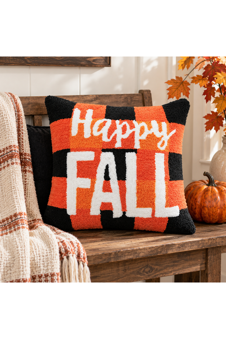 "Happy Fall" Hooked Accent Throw Pillow 18" x 18", Alternate, color, Orange