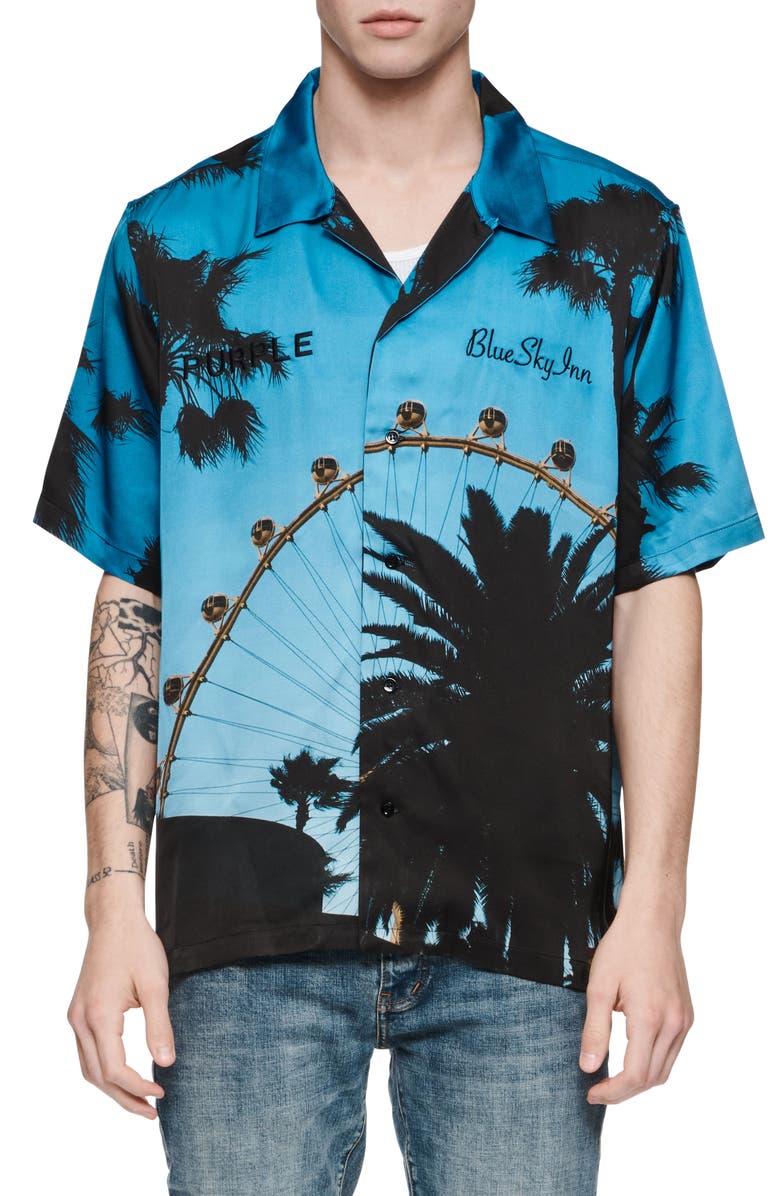 PURPLE BRAND x Blue Sky Inn Palms Short Sleeve Button-Up Shirt, Main, color, 