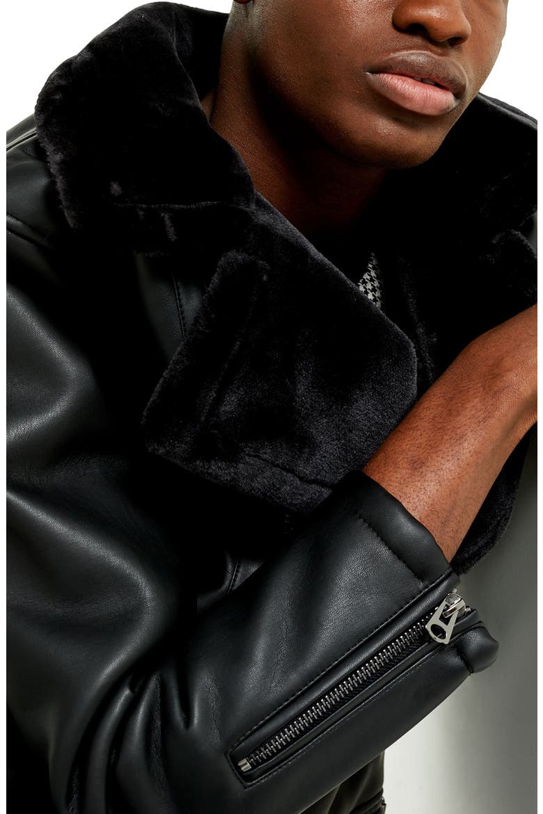 Faux Shearling Trim Faux Leather Biker Jacket, Alternate, color, BLACK