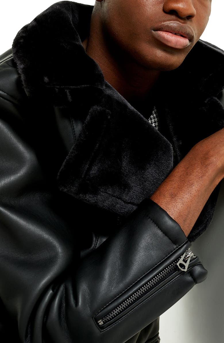 Topman Faux Shearling Trim Faux Leather Biker Jacket, Alternate, color,
