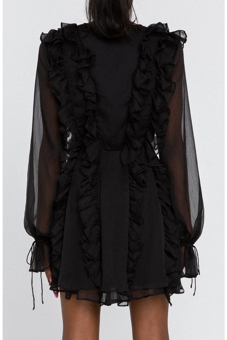 Ruffle Tie Front Long Sleeve Minidress, Alternate, color, BLACK