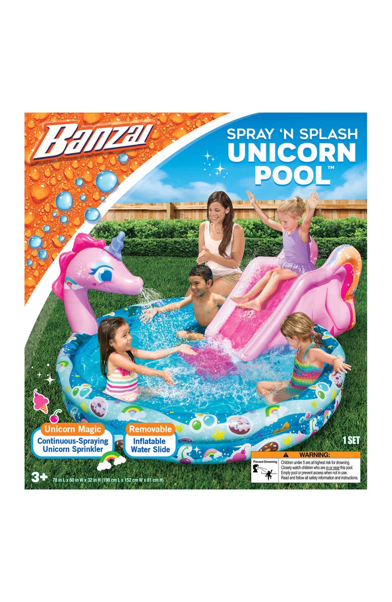 Banzai Spray 'N Splash 78 x 60 x 32" Unicorn Inflatable Pool, Alternate, color, Multicolored