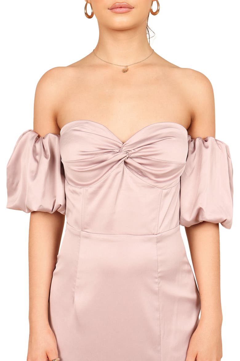 Dahlia Puff Sleeve Off the Shoulder Satin Midi Dress, Alternate, color, LILAC