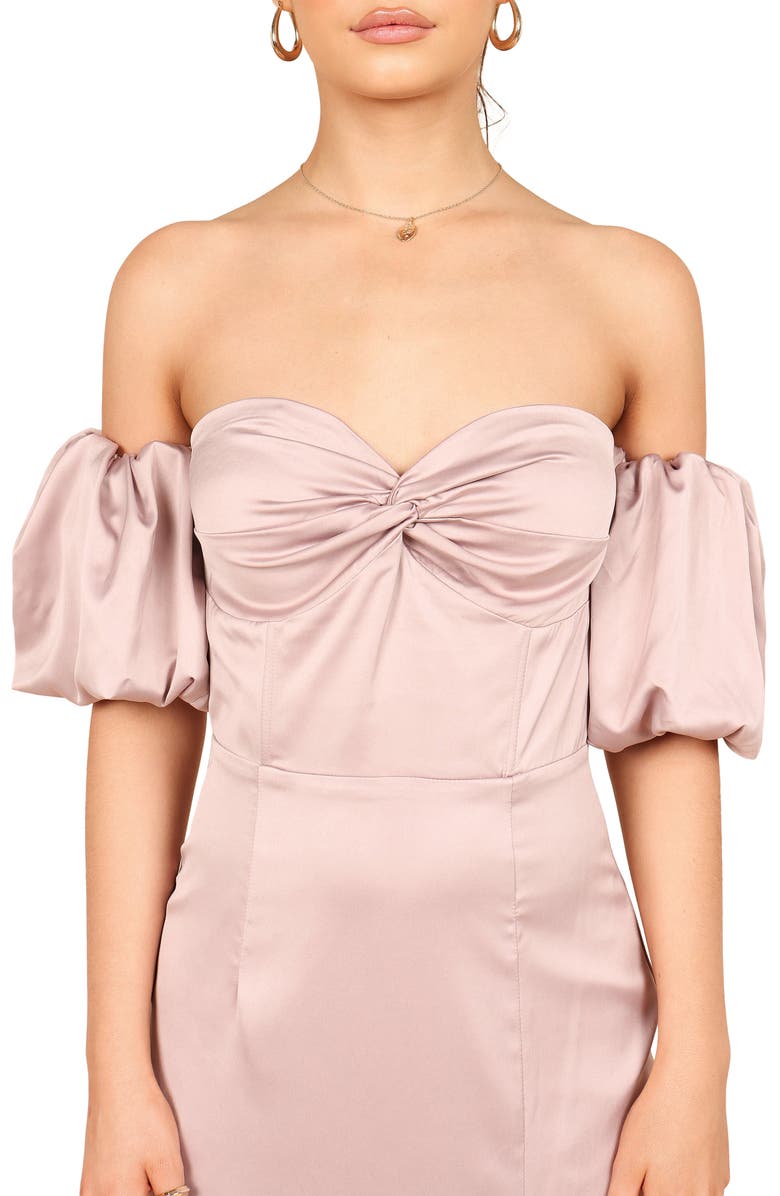Petal & Pup Dahlia Puff Sleeve Off the Shoulder Satin Midi Dress, Alternate, color, 