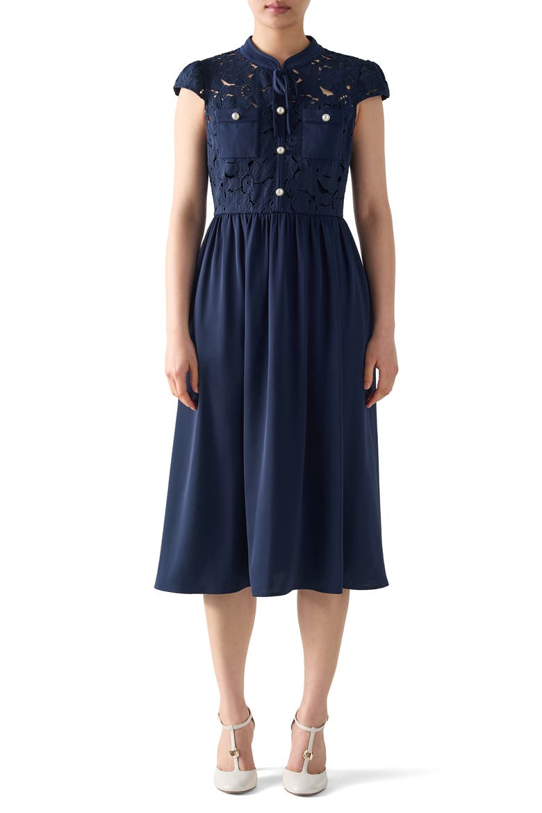 Paige Bow Detail Mixed Media Dress, Main, color, NAVY