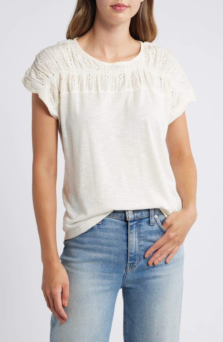 Lucky Brand Eyelet Yoke Mixed Media T-Shirt, Main, color, 