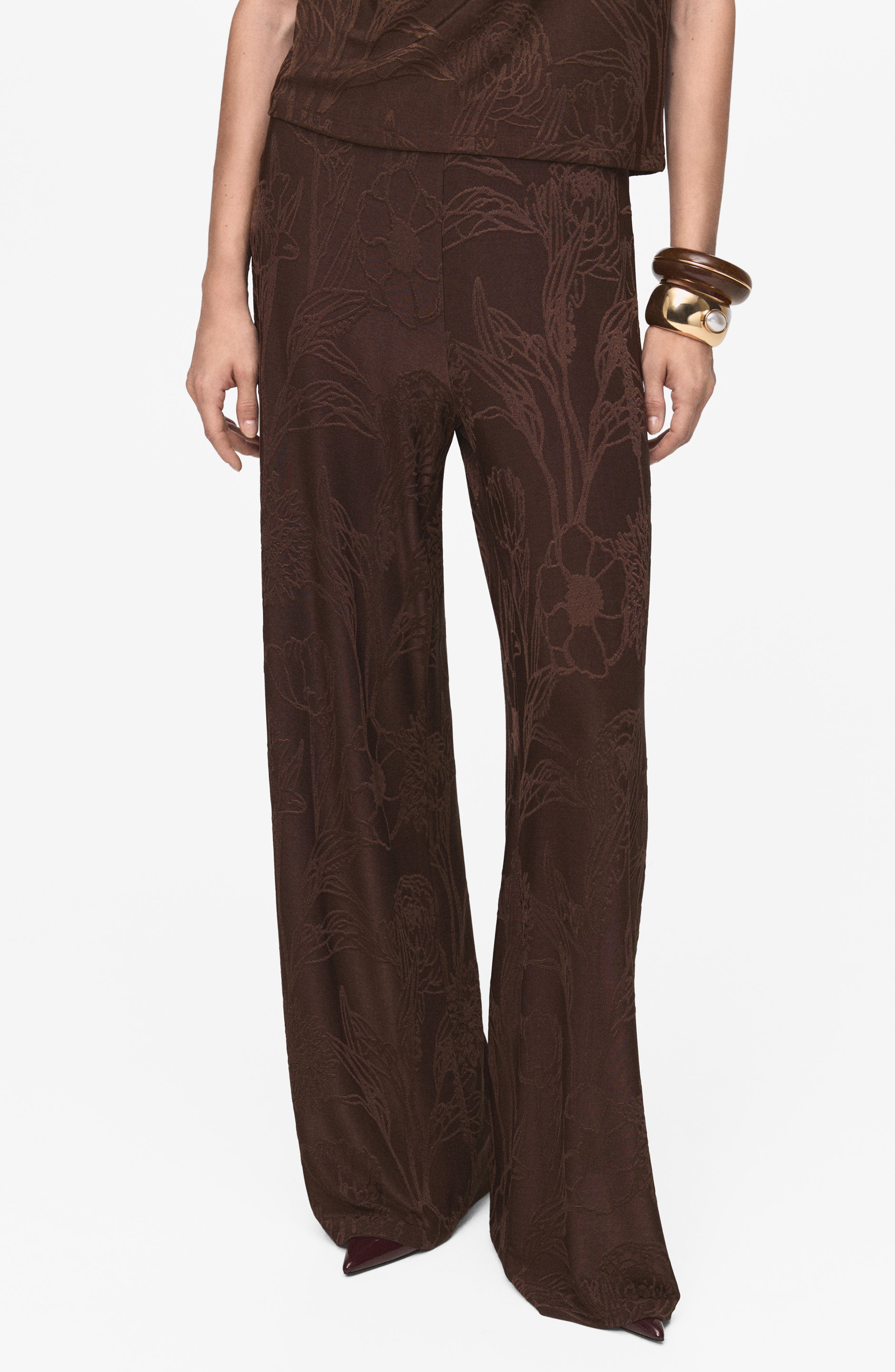 MANGO Floral Jacquard Wide Leg Pants