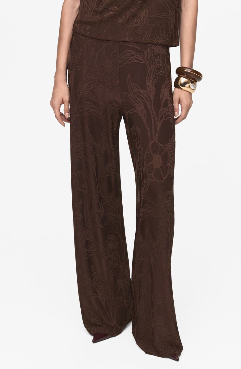 MANGO Floral Jacquard Wide Leg Pants, Main, color, Brown