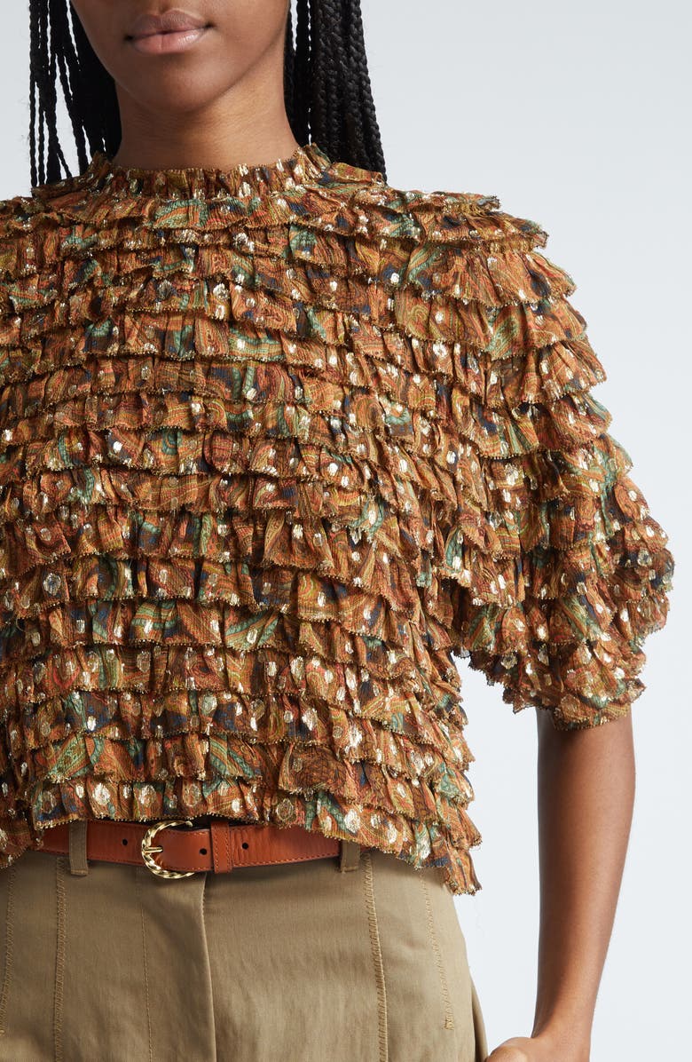 Ulla Johnson Carmella Metallic Tiered Ruffle Silk Blend Top, Alternate, color,
