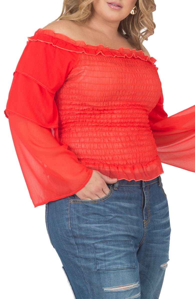 Standards & Practices Tiered Sleeve Smocked Top, Alternate, color, Tigerlily