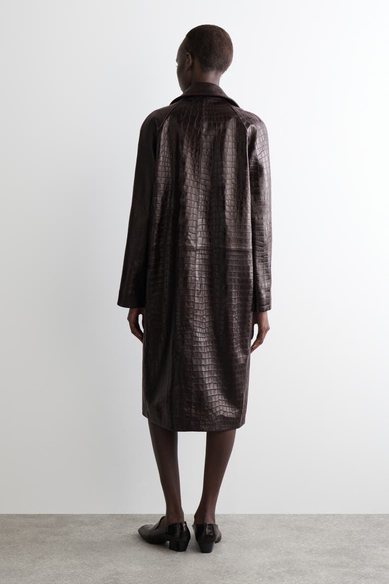 Croc-effect Leather Long Coat, Alternate, color, DARK BROWN