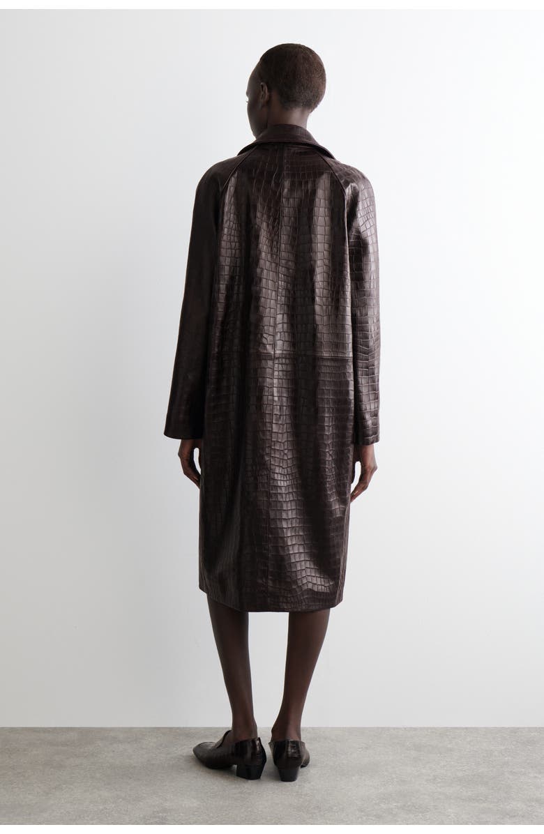 COS Croc-effect Leather Long Coat, Alternate, color, Dark Brown