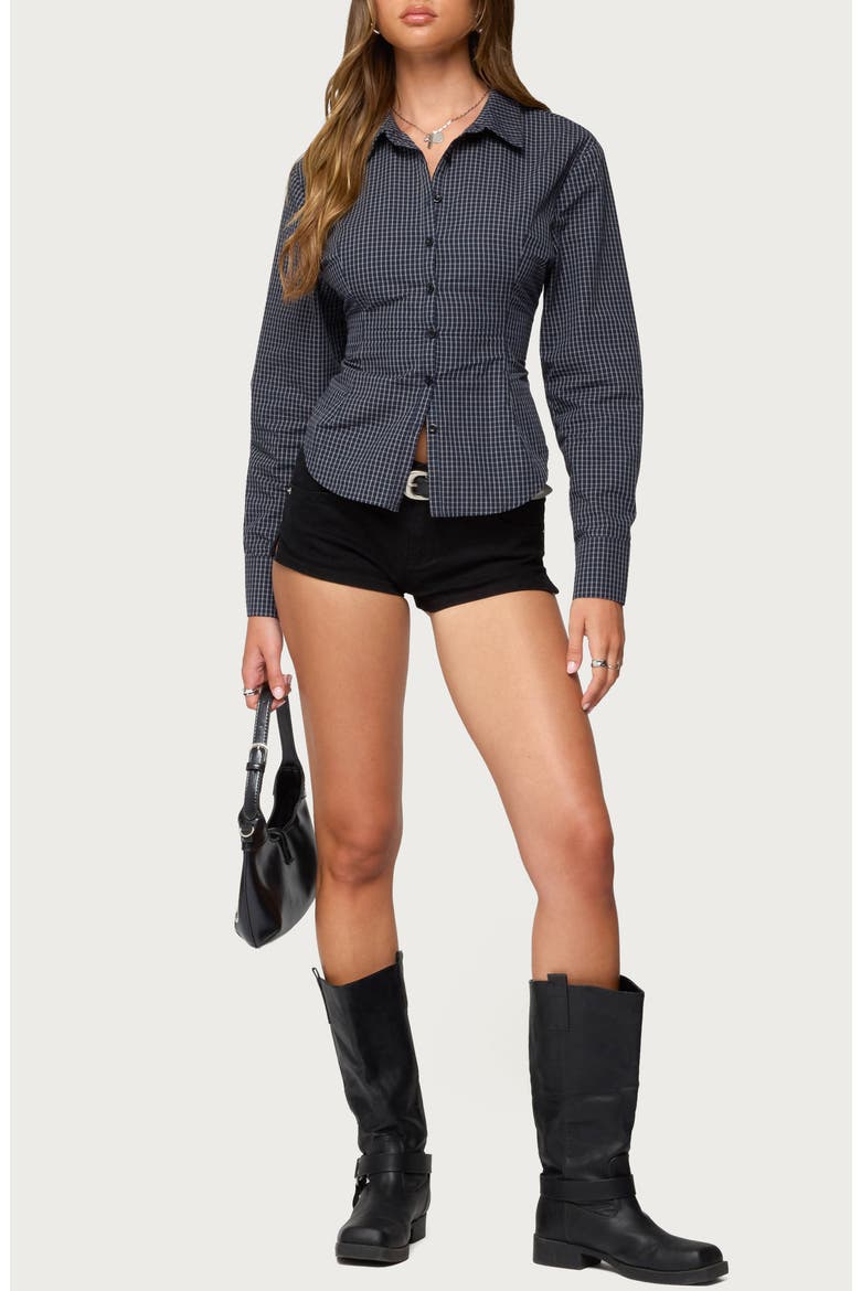 Lisbet Check Button-Up Lace-Up Shirt, Alternate, color, NAVY