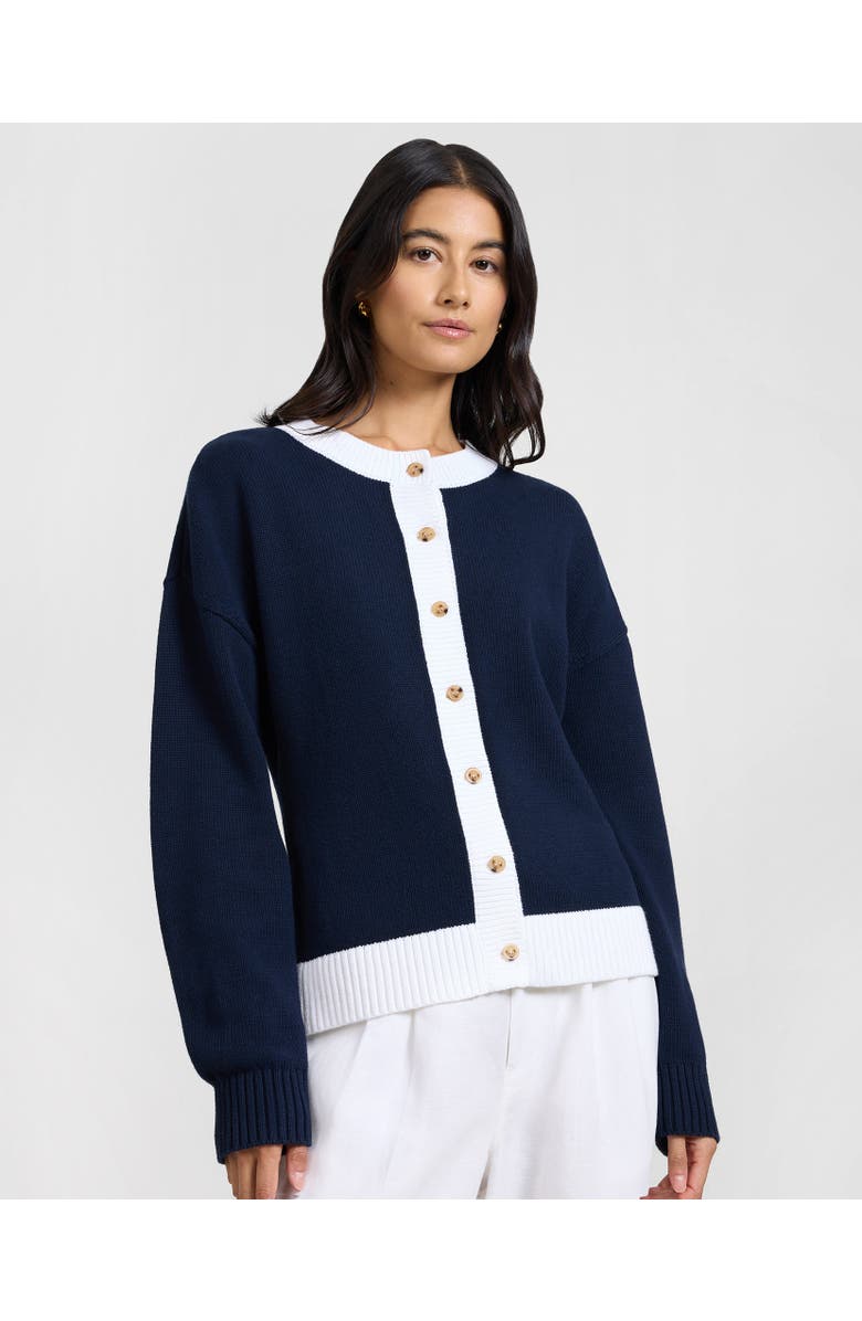 Onia Cotton Fitted Cardigan, Main, color, Off White/Navy