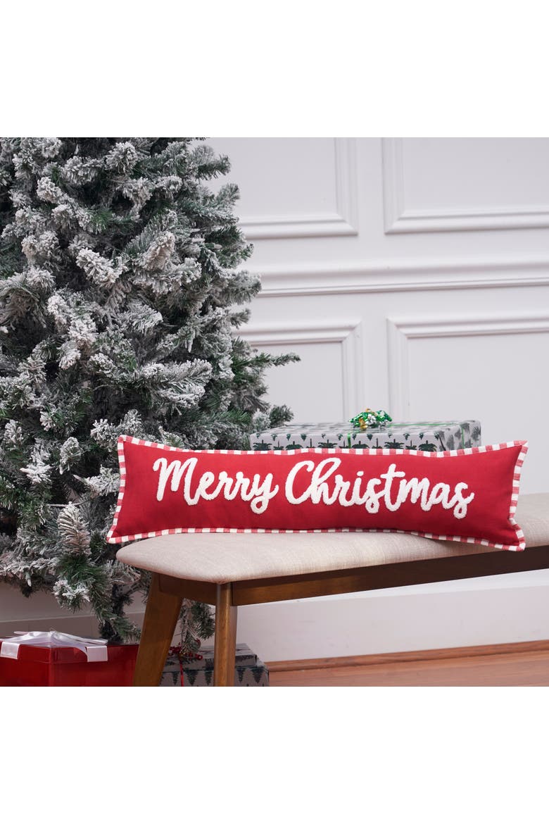 "Merry Christmas" Embellished Cotton Blend Long Accent Pillow 8" x 30", Alternate, color, Red