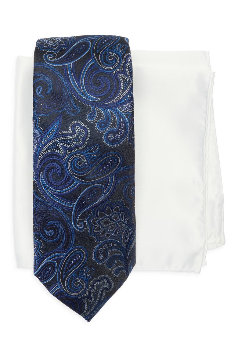 Paisley Tie & Pocket Square Set, Main, color, NAVY