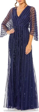 Mac Duggal Sequin Beaded Stripe Cape Sleeve V-Neck Gown