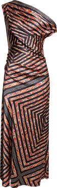STAUD Portia One-Shoulder Stripe Silk Midi Dress
