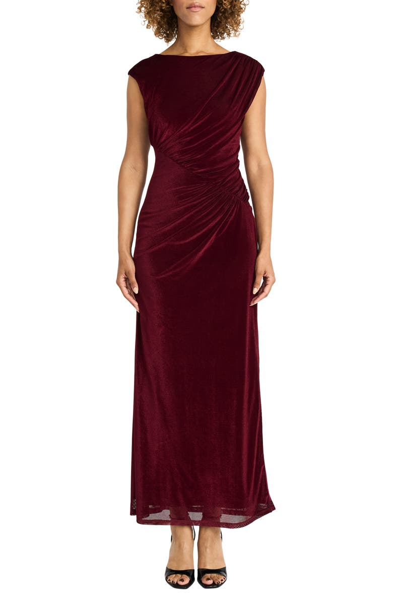Maggy London Shirred Velvet Gown, Main, color, 