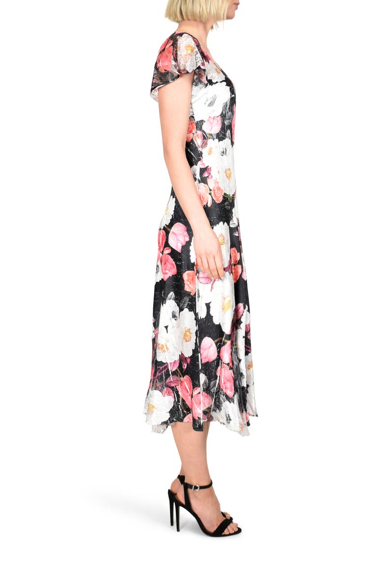 Floral Charmeuse & Lace Midi Dress, Alternate, color, BLOOMING CAMELLIA