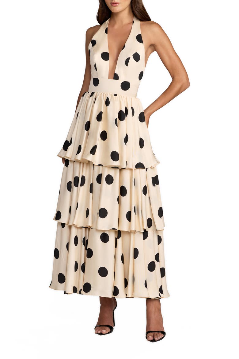 Halter Neck Polka Dot Ruffle Maxi Dress, Main, color, Black Ivory