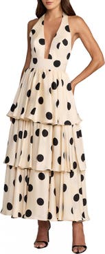 Mac Duggal Halter Neck Polka Dot Ruffle Maxi Dress