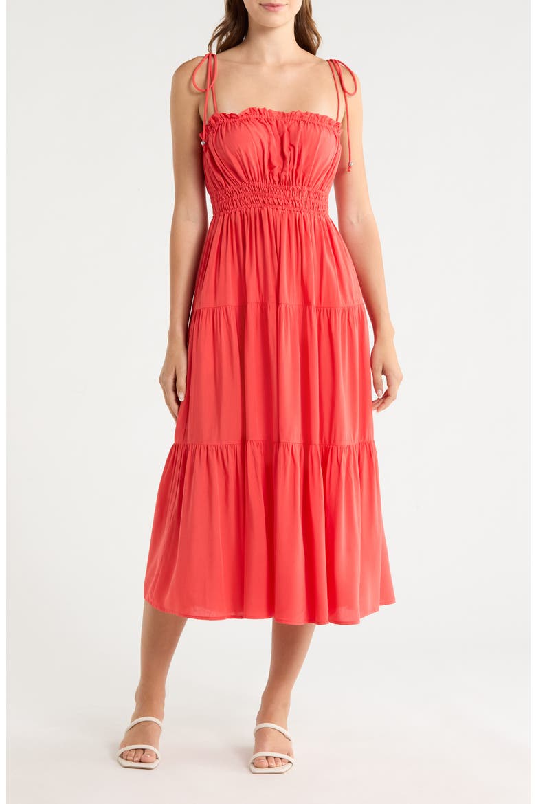 Ruffle Shirred Tie Strap Tiered Cover-Up Sundress, Main, color, RED