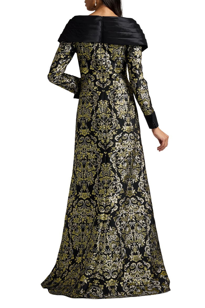 Metallic Floral Jacquard Long Sleeve Mixed Media Gown, Alternate, color, GOLD/ MULTI