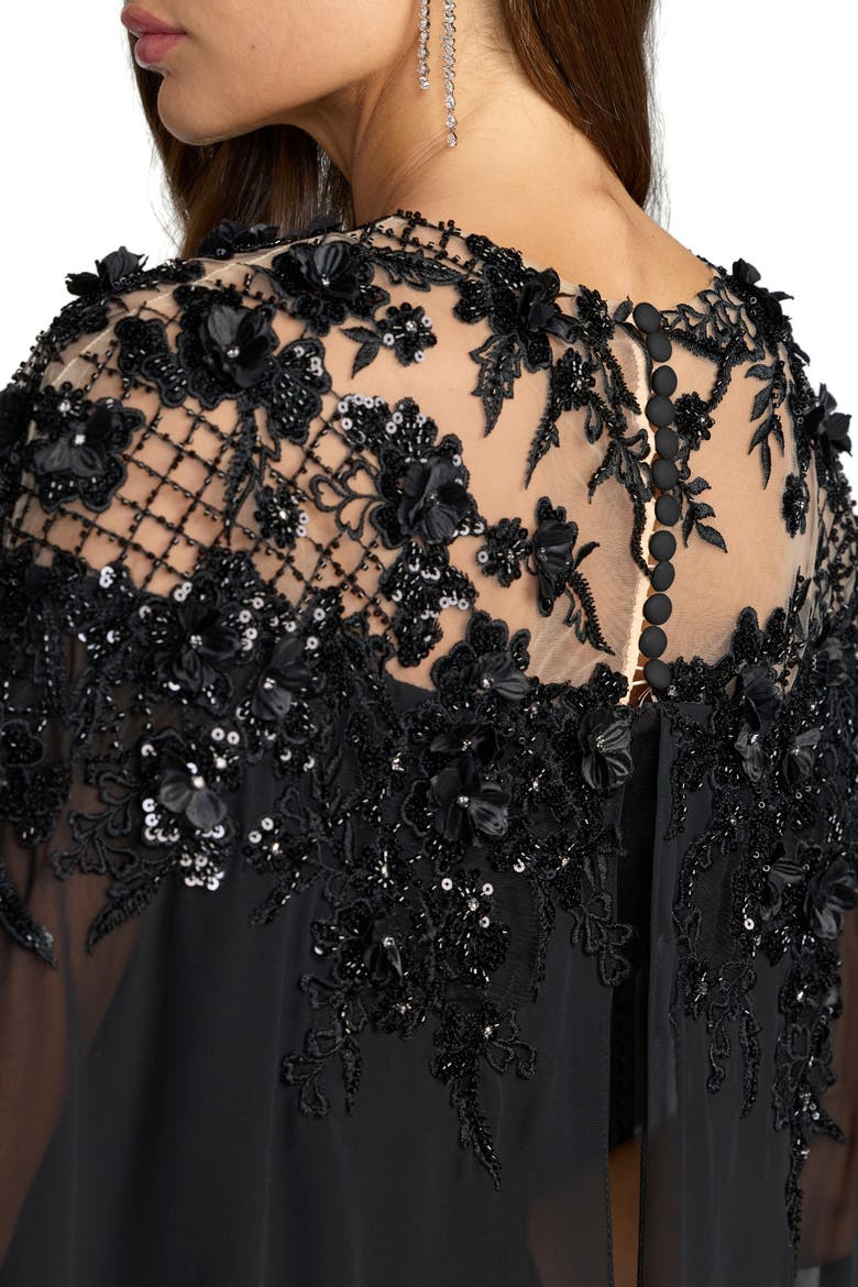 Floral Embellished Crepe Gown With Chiffon Cape, Alternate, color, Black