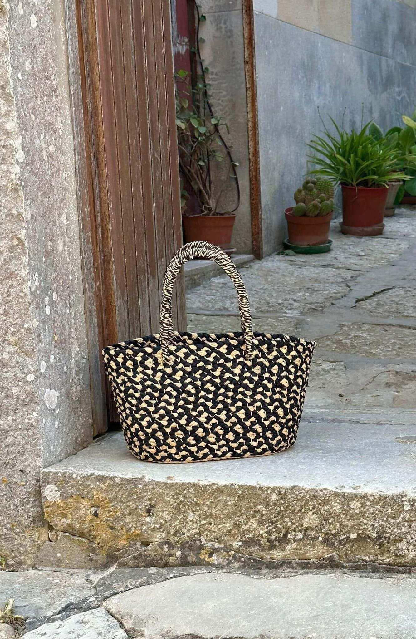 indego africa Braided Raffia Tote Black and Natural, Alternate, color, Black