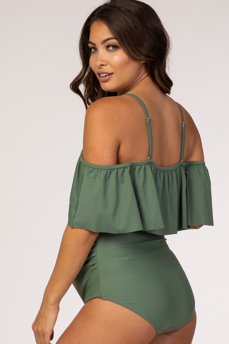 Ruffle Trim Ruched One-Piece Maternity Swimsuit, Alternate, color, Olive Green