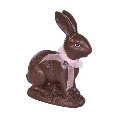 Chocolate Polyresin Easter Rabbit w/ Lace Ribbon Medium Figurine 9.06"
