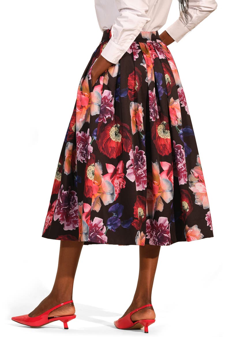Pleated Satin Midi Skirt, Alternate, color, FLEUR NOCTURNE