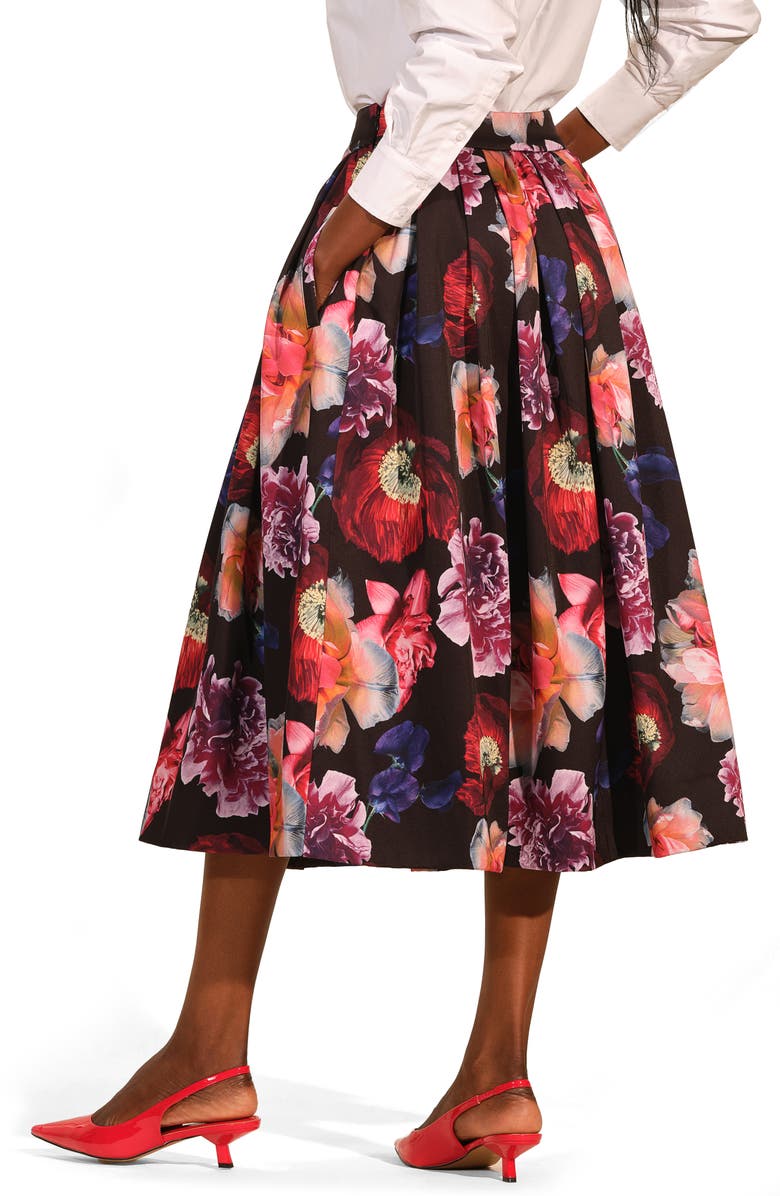 Isaac Mizrahi New York Pleated Satin Midi Skirt, Alternate, color, Fleur Nocturne