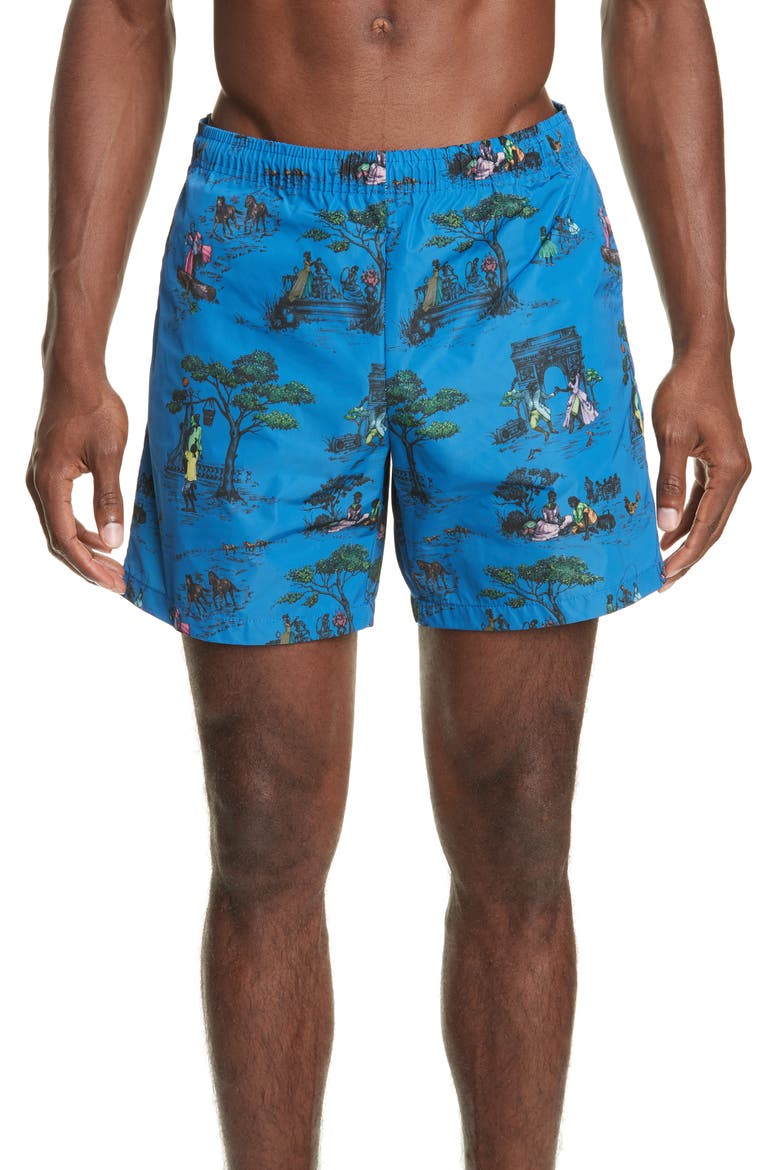 Sheila Bridges Harlem Toile Swim Trunks, Alternate, color, BLUE