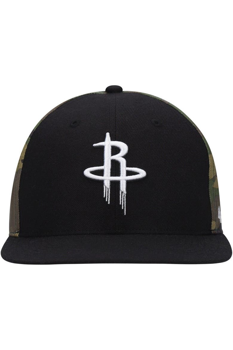 Men's '47 Black/Camo Houston Rockets Bramble Captain Snapback Hat, Alternate, color, Black